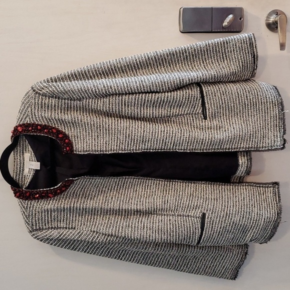 Chico's Black, White, Silver Tweed Jacket with Embellished Neckline 2 / L - Picture 2 of 11